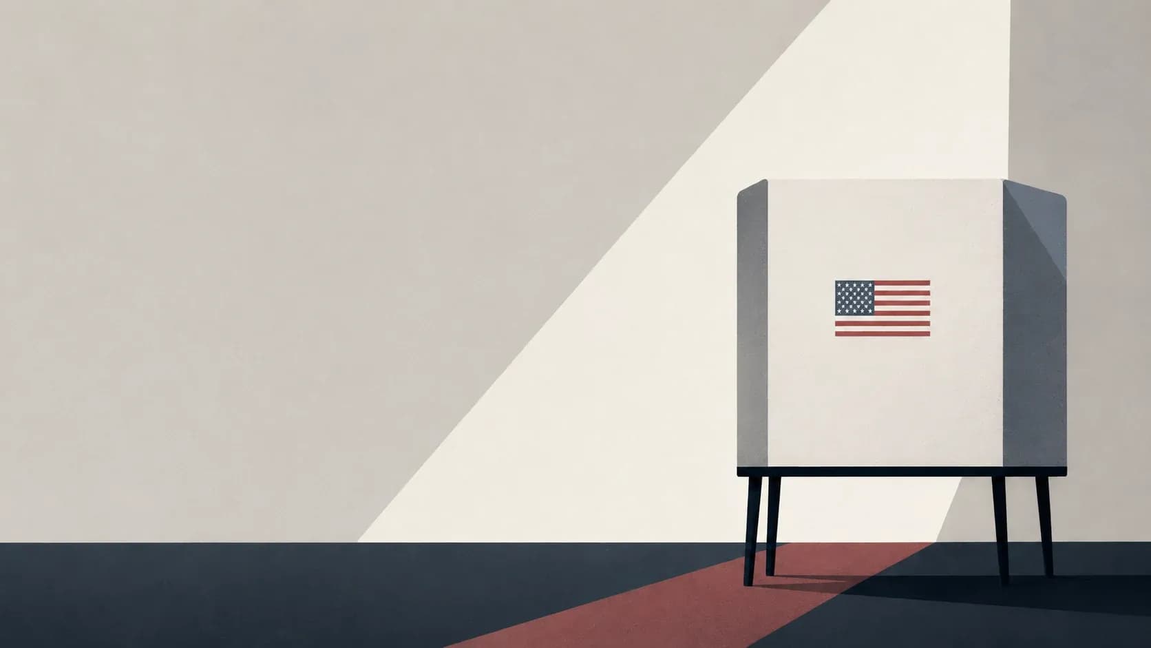 Editorial illustration of a voting booth illuminated by a beam of light, symbolizing access to the ballot and new citizenship requirements.