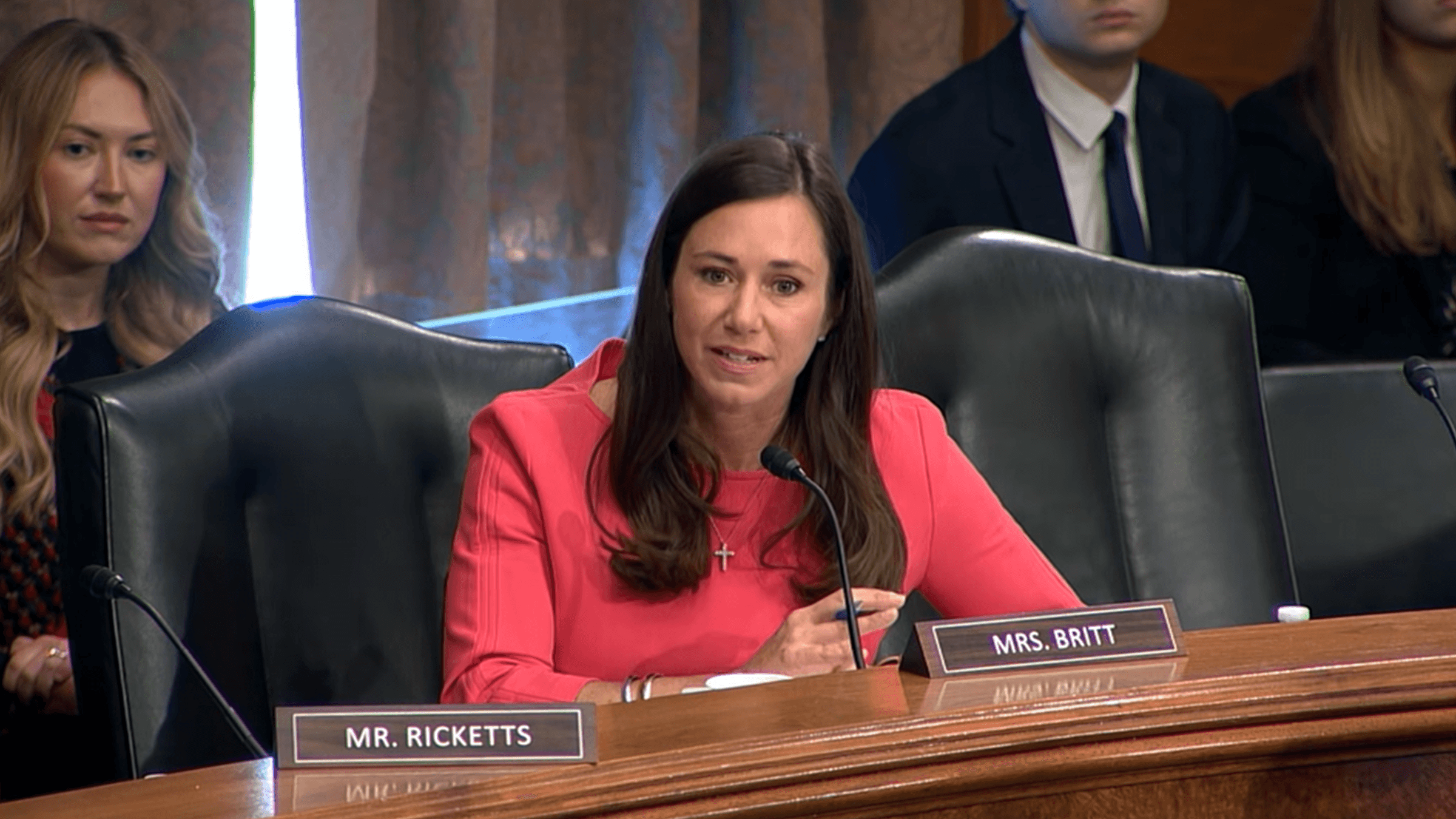 U.S. Sen. Katie Britt questions Fed Chair Kevin Warsh at a Senate Banking Committee Hearing.