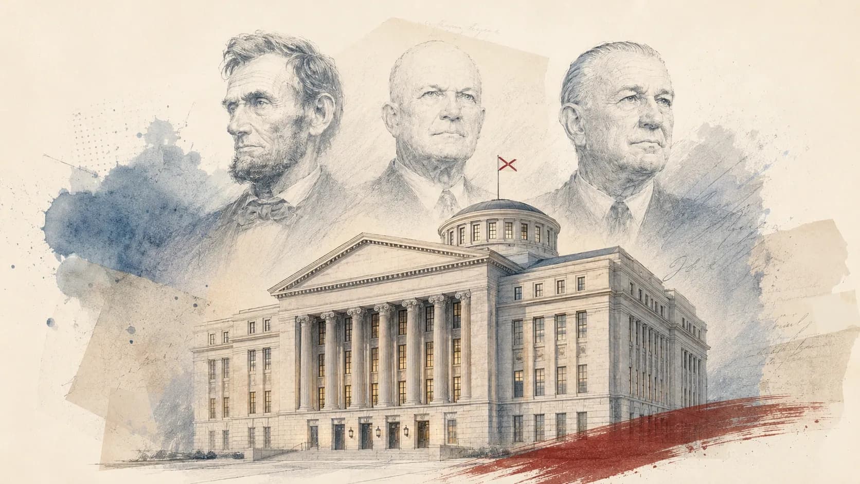 Editorial illustration of Abraham Lincoln, Dwight Eisenhower and Lyndon Johnson above Alabama’s new State House, symbolizing leadership through political division.