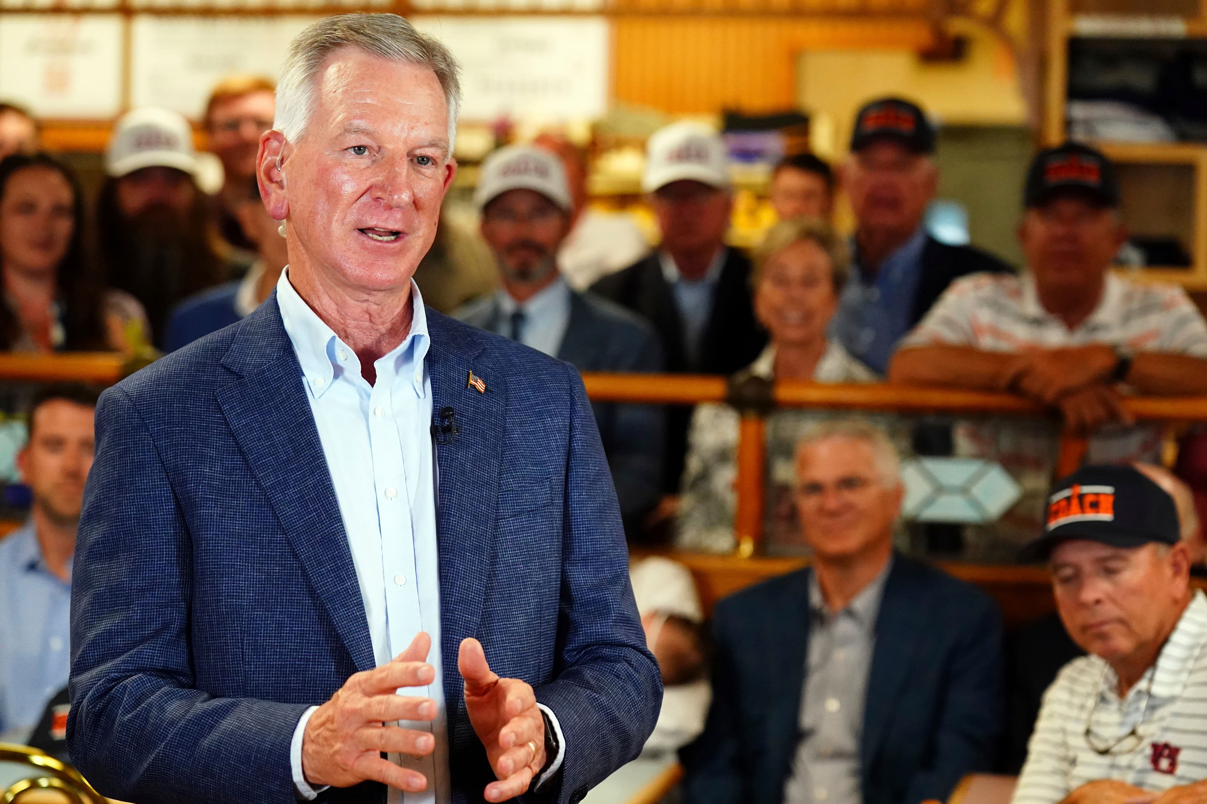 U.S. Sen. Tommy Tuberville, R-Ala., speaks about plans to run for the governor of Alabama in 2026, Tuesday May 27, 2025 at Byron's Smokehouse in Auburn, Ala.